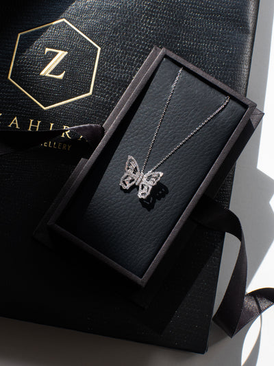 Pave'd Diamond Butterfly Necklace in 18k White Gold