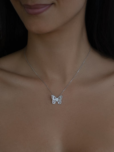 Pave'd Diamond Butterfly Necklace in 18k White Gold