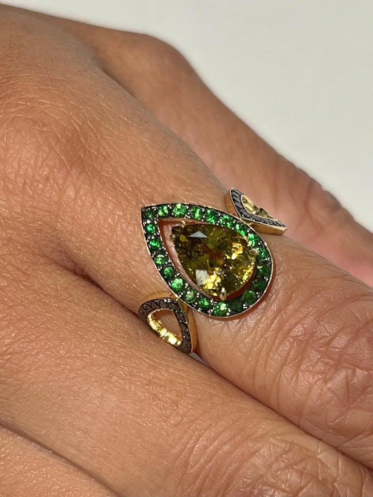 Mali Garnet Ring with Tsavorite and Black Diamonds in 18K Yellow Gold